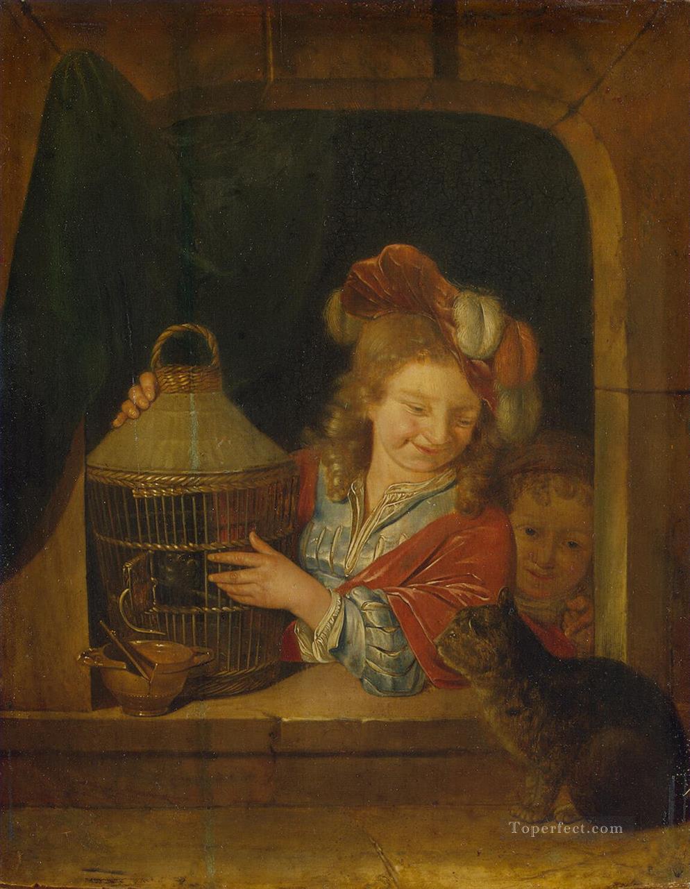 enfants avec une cage et un chat Peintures à l'huile